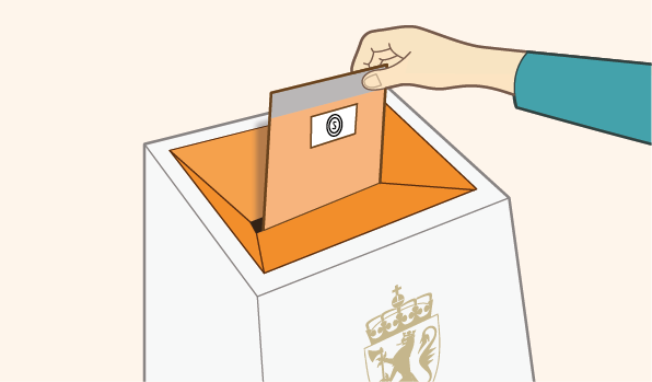 Animert illustrasjon av person som putter stemmeseddel i urne