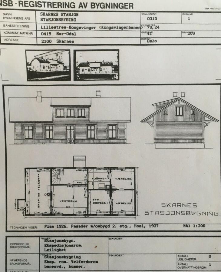 Gammelt dokument som viser registrering av bygningen, inkludert tegninger av bygget