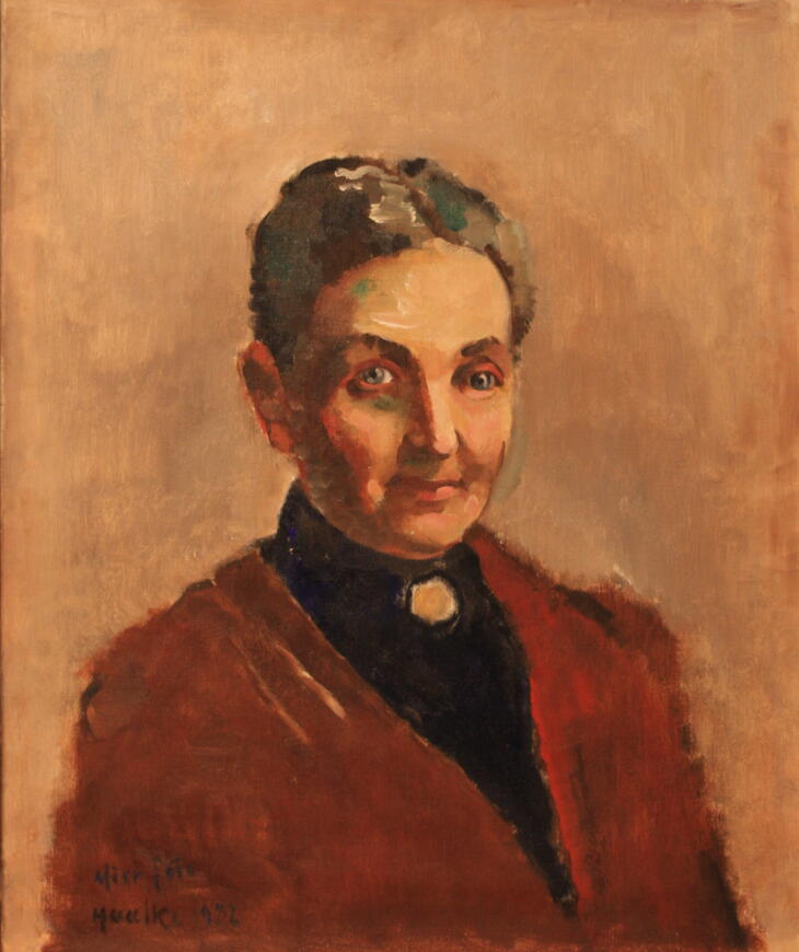 Portrettmaleri av Andrea Moss. Bildet i jordfarger, brunt, gulr og rødt