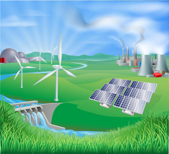 Illustrasjon som viser kjernekraft, solenergi og vindmøller ved siden av et fossefall med kraftutbygging