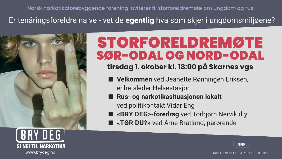 Plakat om storforeldremøte i Sør- og Nord-Odal kommuner om ungdom og rus