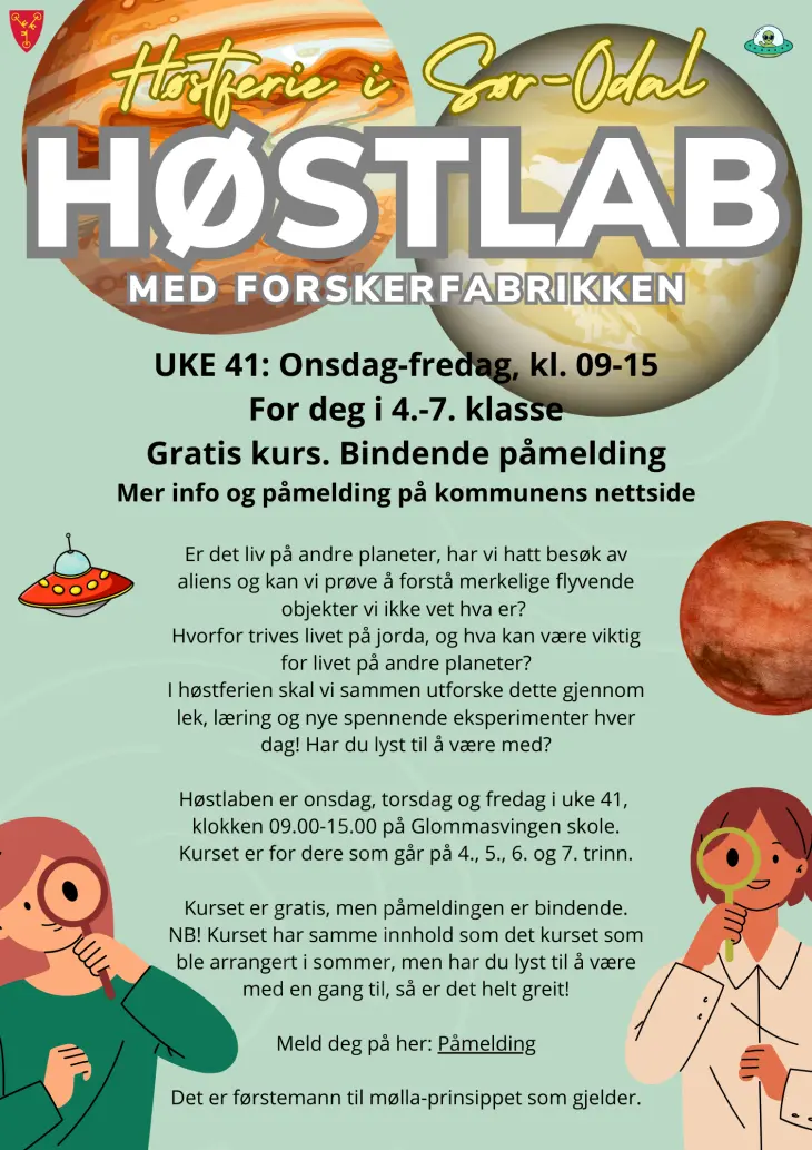 Flyer for høstlab med illustrerte planeter, forskende barn og ufo