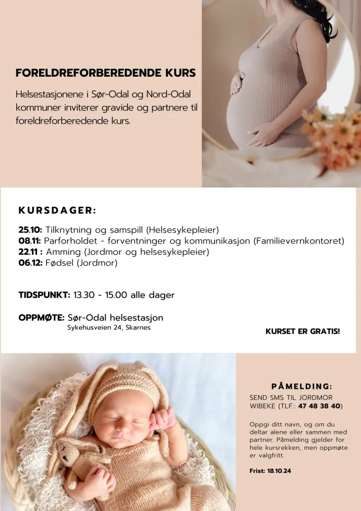 Flyer for foreldreforberende kurs. Bilde av gravid dame og bilde av baby